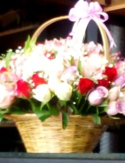 Basket with Bow (Red, White, Pink and Lavender Roses)