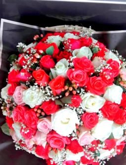 Coral-Orange, Bright Red, Soft Pink, White roses